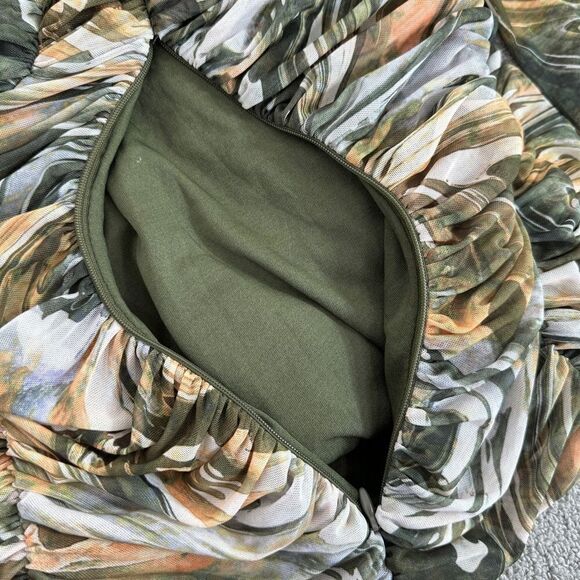 Zara Sheath Dress Marbled Ruched Draped Tulle Mini Khaki Green Orange Small - Picture 13 of 16